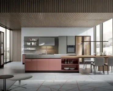 Cucina Moderna Klee in laccato Rosa con isola di Home Cucine